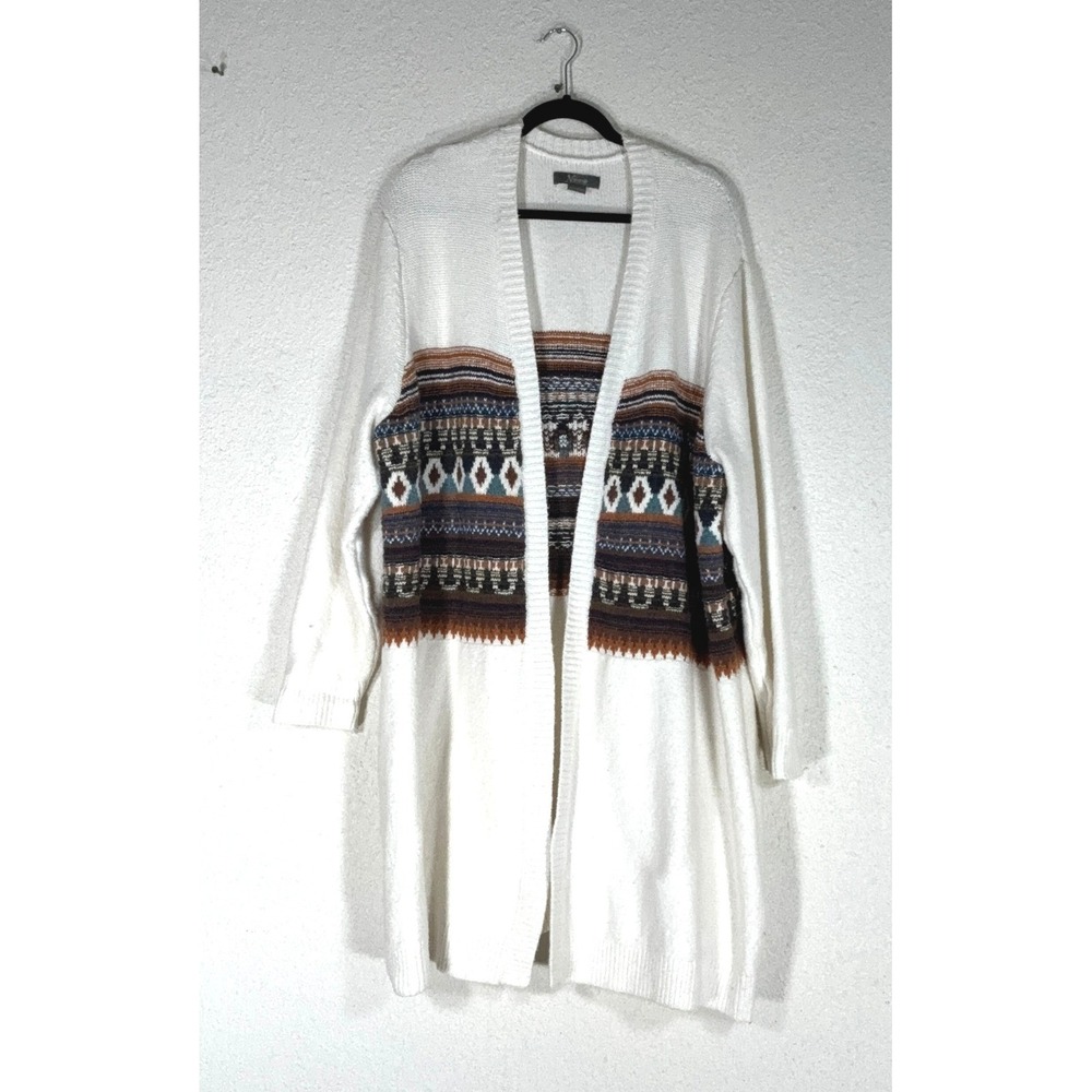 Natural Reflections White Cardigan - 2X- Aztec Print Longline Knit Boho Western